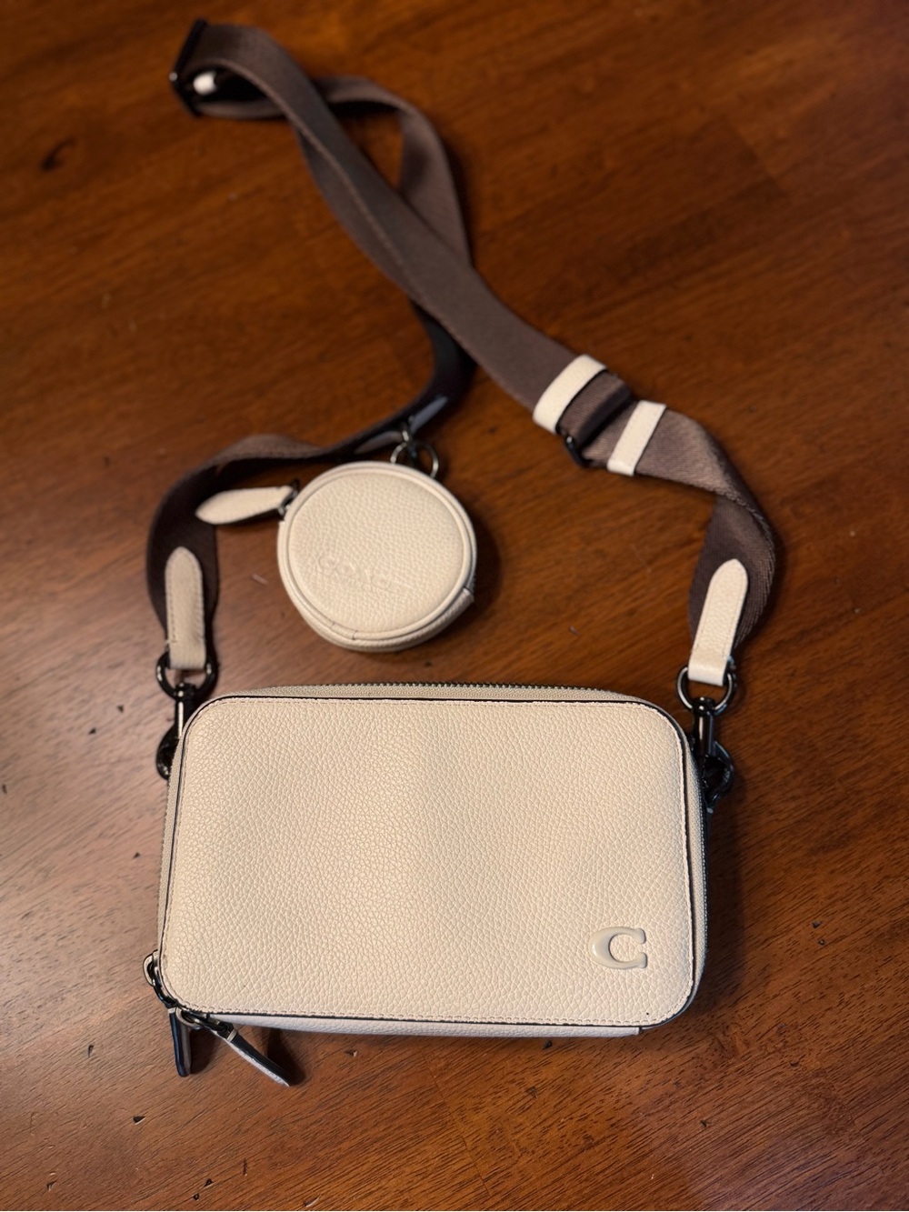 Coach Retro Cream Pebbled Leather Crossbody with Coin Pouch Brown Guitar Strap